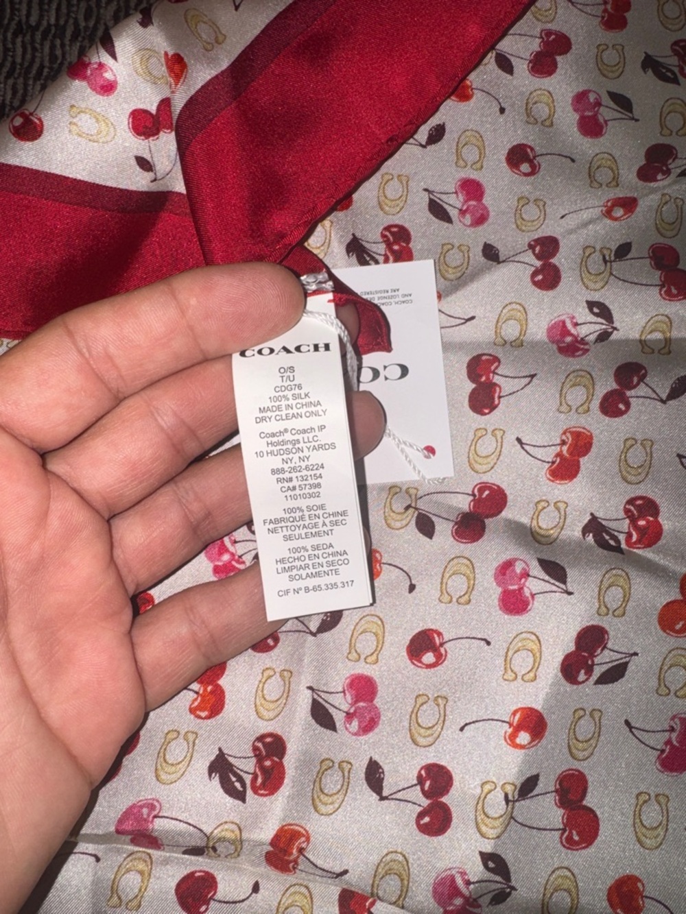 Coach Kids Cherry Print Square Scarf in Red and Cream - Picture 3 of 5